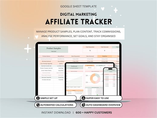Affiliate Tracker Spreadsheet | Influencer Content Calendar, Product Sample Tracker, Commission & Sales, Analytics Dashboard - Etsy