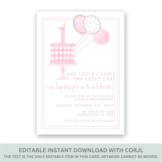 Girl First Birthday Invitation: Cake & Balloons Party (digital Download, 5x7" Template) - Etsy