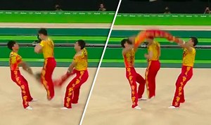 Hilarious moment Chinese gymnasts perform 'human skipping rope'