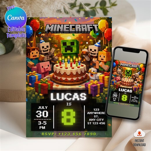 Minecraft Birthday Invitation Template, Gamer Party Card, Editable Canva, Pixel Block Game Theme, Printable Kids Invite, Instant Download - Etsy Australia