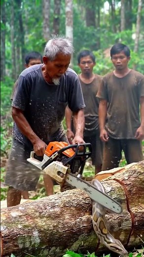 Shock Moment: Snake Found Inside Falling Tree #treecutting #chainsaw #woodworking