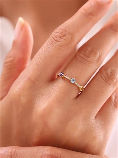 14K Gold Multi Gemstone Ring: Diamond Rainbow Birthstone Stacking Band - Etsy