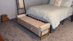 67" End of Bed Storage Bench King Size, Upholstered Faux Leather Bench for Bedroom Foot of Bed, Double Lids Storage Ottoman Bench with Golden Legs for Window Living Room Entryway, Beige