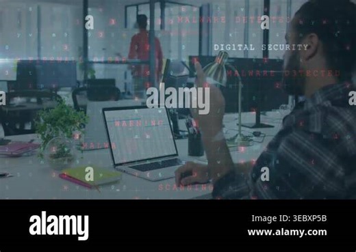 Cybercrime and malware detected animation over office workers at desks. Cybersecurity, hacking, data breach, computer virus, information security, network protection Stock Video Footage - Alamy