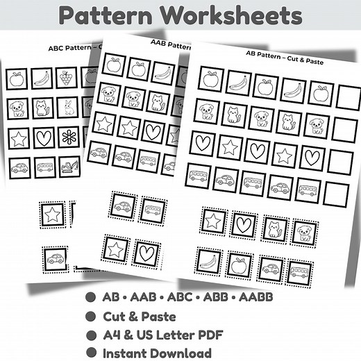 Pattern Worksheets ,ab AAB Abc ABB AABB Patterns,what Comes Next Cut and Paste, Preschool Kindergarten Math,no Prep Printable - Etsy