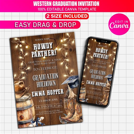 Canva Editable Western Graduation Invitation Template, Cowboy Graduation Party Invite, She Did It! Rustic Boho Western Style, Class of 2026 - Etsy
