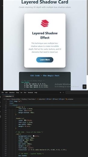 How to Create Realistic Layered Box Shadows on Cards #youtubeshorts#html#css#coding