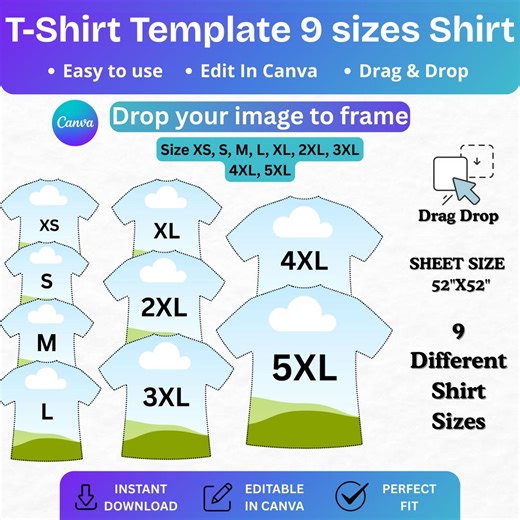 All Over T Shirt Template Bundle, Editable Canva T Shirt Sublimation Template, 9 Size Shirt Frame XS-5XL Drag and Drop Shirt Design Template - Etsy