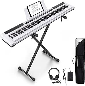 88 Key Digital Piano Semi Weighted Electronic Keyboard, Portable Electronic Keyboard Piano, MIDI, Stand, Case, Pedal, Headphones, (White)