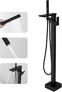 RUMOSE Matte Black Bathtub Filler Freestanding Tub Filler Floor Mount Tub Faucet Waterfall Free Standing Bathtub Faucet High Flow Brass Bath Shower Faucets with Handheld Sprayer
