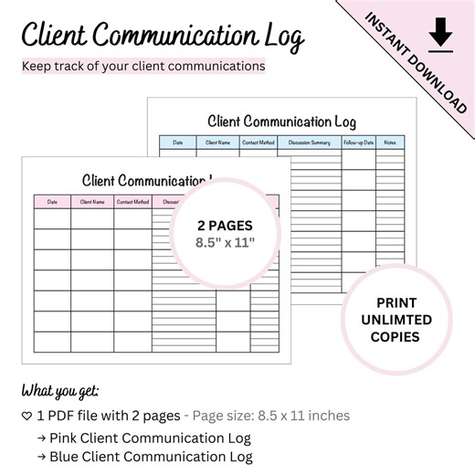 Printable Client Communication Log Sheet to Track Client Contact and Follow-ups for Small Businesses - Etsy