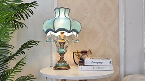 European Style Table Lamp Victorian Desk Lamp American Retro Handmade Fabric Lampshade with Resin Lamp Body Bedside Nightlight for Bedroom Study Office Living Room