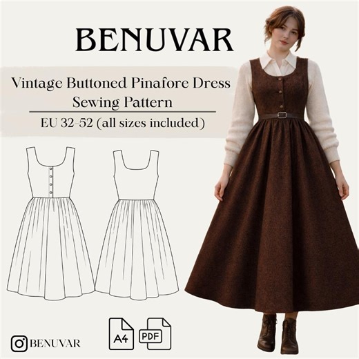 Vintage Buttoned Pinafore Dress Sewing Pattern PDF | Eu 32–52 Us 0–20 | A4 | Bonus Pattern Included - Etsy