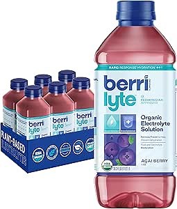 Berri Lyte Electrolytes Hydration Beverages with Coconut Water, Organic & Plant Based Electrolyte, Pediatric Rehydration Drink, Acai Berry, 1 L, 6 Count