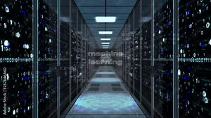 Cybernetic brain, deep machine learning and artificial intelligence in endless and loopable 3D abstract animation. Flight through the corridor with large computer racks and dynamic digital holograms. Stock Video