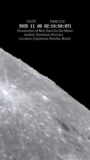 Nyêrdson Ferreira on Instagram: "Ocultação de estrela pela Lua! Ontem a estrela Elnath (Beta Tauri) foi ocultada pelo satélite natural da Terra visível em praticamente todo o Brasil e outros países da América do Sul, além de grande parte do continente Africano. • EQUIPAMENTOS UTILIZADOS > Sky-Watcher Dobsonian 10" Flextube 250P GoTo > Focal length 1200mm F/4.7 > Svbony SV305 Pro • CAPTURA > SharpCap 4.1 • PROCESSAMENTO & PÓS > AutoStakkert!3 > AstroSurface > Lightroom Mobile > InShot #lua #moon 