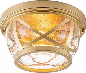 Flush Mount Ceiling Light Fixture Gold, 2-Light Modern Farmhouse Porch Light Ceiling Mount for Outdoor, Indoor Flush Mount Light Fixture for Hallway Foyer Kitchen Bathroom with Seeded Glass
