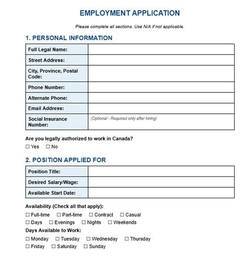 Canadian Job Application Template | Editable Employment Form - Etsy
