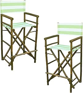 Statra Bamboo Barstool-Espresso Color Celadon Stripes Canvas Bar Height Folding Chairs Counter Stool Outdoor Indoor Tall Camping Set of 2, 15 x 15