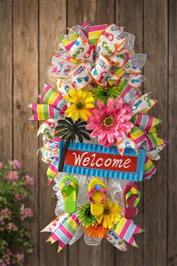 Summer Flip Flop Welcome Door Hanger | Colorful Beach Door Decor | Tropical Front Door Swag | Bright Summer Wreath | Handmade Outdoor Decor - Etsy