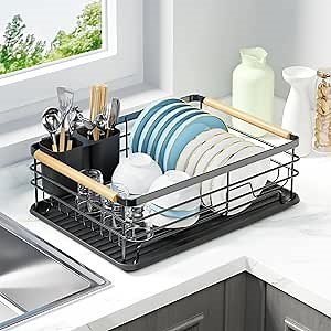 Dish Racks for Kitchen Counter: Wooden Handles, Thickened Metal, No Assembly. Small Dish Drying Rack: Ideal for Small Households. Drying Rack Kitchen: Black