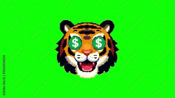 happy tiger with dollar eyes, money tiger head pixel art simple animation on green screen