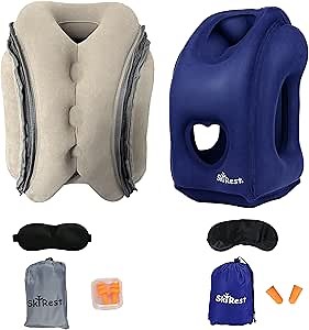 Inflatable Travel Pillows (Grey & Blue) - Neck Pillows for Travel, Travel Pillows for Sleeping Comfortably on Airplanes, Buses, Cars, Offices & Trains- Free Eye Masks, Earplugs