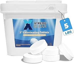 Xtremeclear 3" Swimming Pool Chlorine Tablets 99% Pure Tri-Chlor| Long Lasting & Slow Dissolving | Pro-Grade Pool Sanitizer | 5 Pounds Bucket