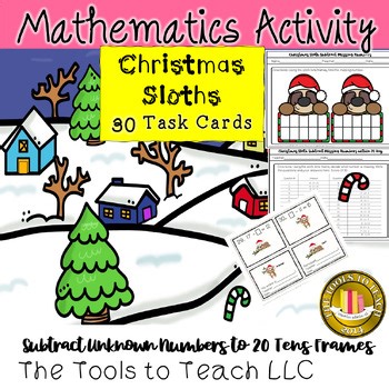 Christmas Sloth Subtract Unknown Numbers to 20 Task Cards Grades 1st-3rd