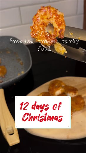 12 days of Christmas 4/12 Breaded prawns (ultimate party food) Ingredients: - Prawns - Breadcrumbs (homemade sourdough if possible) - let me know if you would like a video on this in the comments!! - Sesame oil - 1 Egg Method: 1. Peel your prawns. 2. Crack and whisk your egg. 3. Coat your prawns in the egg and breadcrumbs. 4. Set your pan on a medium to high heat, let your pan get hot and then pour sesame oil over the pan. 5. Add your breaded prawns to the pan, making sure you coat your prawns i