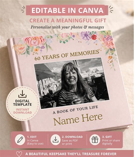 70th Birthday Memory Book Template, Editable Canva Photo Album, Life Story Book, Personalised Birthday Keepsake, Instant Download - Etsy UK