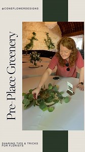 Pre-placing greenery for candles on round tables. Candles were being used for the aisle then repurposed as centerpieces so we pre-placed our pre-cut greenery on the wood slice for easy transfer after the ceremony. This is something so simple to do especially when you prep ahead of time. Our greenery is always prepped in the studio beforehand. This reduces a ton of time on site plus keeps the install organized and on schedule. We use 1/3 of a bunch of greenery for round tables. We prep the greene