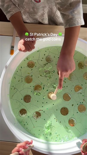 Dried oobleck is so fun ☘️ we caught the gold coins today Comment COINS and I’ll send you the links to our tools we used ☘️ to make this oobleck, mix together 2 parts corn starch 1 part water (optional add food coloring). Add your coins and glitter then let it dry ☘️ #learningthroughplay #sensoryplay #toddleractivities #diyactivities #toddlermom