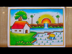 Paddy Field With Farmer Scenery drawing easy| Village Landscape Scenery drawing easy| Winter Scenery