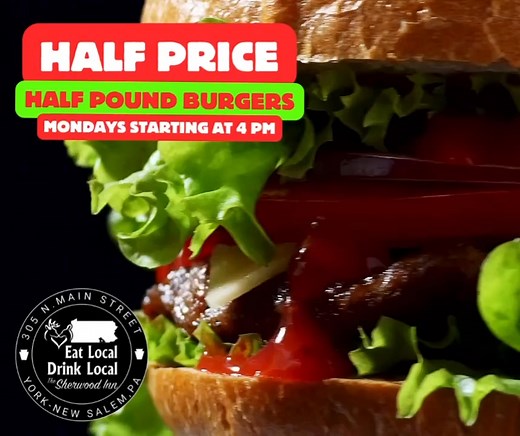 ❤️ Feel the love Mondays at The Sherwood when we feature our 1/2 pound burgers for 1/2 price starting at 4 PM (dine in only). Choose one of our signature creations or build-your-own exactly how you like it 🍔 | The Sherwood Inn