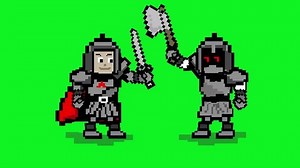 Animated video of two medieval soldiers with sword and axe fighting on a green background, art.