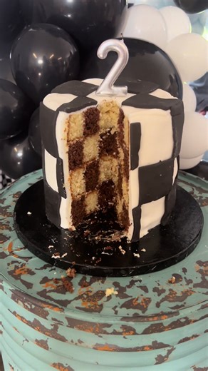 How to make a checkerboard cake (it’s easier than it looks!) 🍰 Bake 2 cakes in different colors/flavors. I went for chocolate and Victoria sponge. You can dye them colors for something more playful. ⭕️ Using round cookie cutters in 3 sizes (large, medium, small), cute cake into rings 🔘 frost the inner ring and start mixing and matching the cake rings to create a bullseye look. 🎂 stack your reassembled cakes in alternating color ways and decorate. Cut your cake and the pattern will be revealed