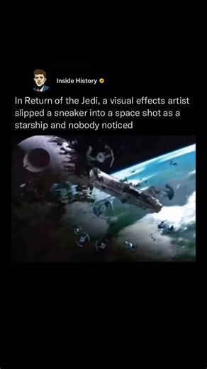 Inside History on Instagram: "Visual-effects artist Ken Ralston allegedly tucked a sneaker into one of the space-battle shots during the Battle of Endor—a tiny inside joke hidden in the middle of the chaos. Fans claim it appears right after the Executor crashes into the second Death Star, in a fast-moving model shot where a white gym shoe briefly blends in with the ships. Ralston later confirmed he slipped it in “just for fun,” and many believe the gag still survives in older prints of the film.