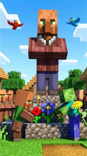 Villagers, zombies, and a creeper gather around the Minecraft builder statue