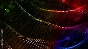 4k looped sci-fi background with bokeh and light effects. Glow gradient color particles form lines, surfaces, string structures as virtual space or hologram for HUD screen. 3