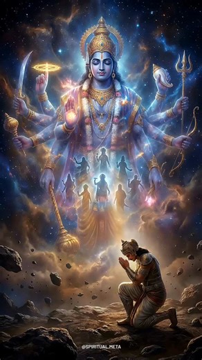 spiritual meta on Instagram: "Vishwaroop Darshan refers to the divine revelation of Lord Krishna's universal, cosmic form, a central tenet of the Bhagavad Gita. Believers hold that this vision demonstrates Krishna as the supreme, all-encompassing reality, containing the entire universe within himself and transcending all limitations of time and space. 🙏✨ . Divine work @spiritual.meta . #spritualmeta#krishna #krishna #iskcon #lordkrishna #vishnu #krishna #harekrishna #bhagavadgita #lordkrishna #