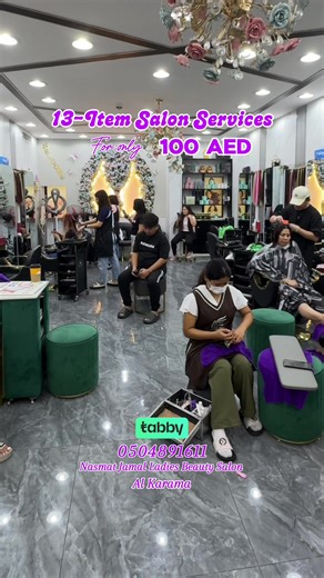 Because you deserve full care, not shortcuts 💅 Choose our 13 Items Salon Services for head-to-toe grooming, flawless finishing, and long-lasting confidence. Easy beauty with TABBY. • Hair cut • Blow Dry • Hair Spa • Eyebrow Threading • Upper Lips Threading • Manicure / Gel • Pedicure / Gel • Foot Spa • Root Color • Clean Up • Under Arm Waxing • Half Arm Waxing • Half Legs Waxing • Cellophane Book Now: 💜 0504891611 🪁 Room 204, 2nd Floor, Al Attar Shopping Mall, Karama, Dubai #NasmatJamalSalon 