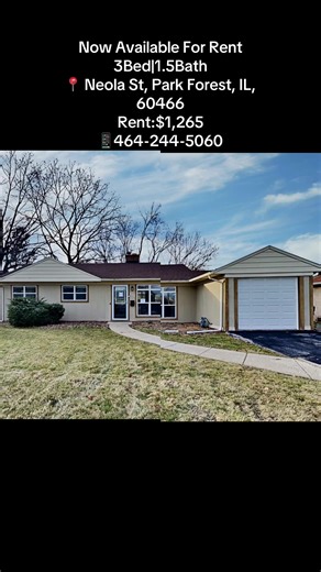 🏠Brand NEW 3Bed/1.5Bath Rental 📍 Neola St, Park Forest, IL, 60466 💰$1,265/Monthly Move -in -Ready Why you'll love it: * Spacious & modern layout * Fresh interior paint * Air Conditioning * Tile * Single Story House * Garage * Pet Friendly * W/D Hookups * Granite Countertops * Luxury Vinyl Plank * Patio * Long Lease Terms * Smart Home * Requirements: Income = 2x rent Clean application No evictions * This home is beautifully maintained, warm, and ready for its next tenant! * - DM now before it'