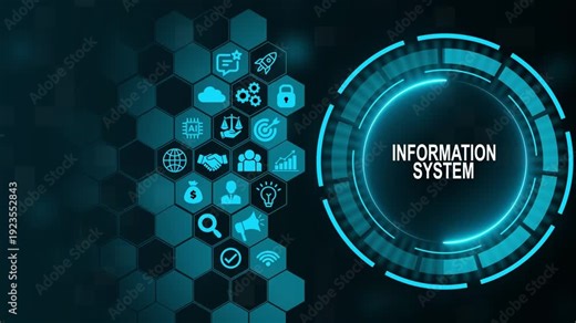 Information System Futuristic HUD Dashboard with Hexagon Data Architecture Icons and Advanced Enterprise Computing Concept