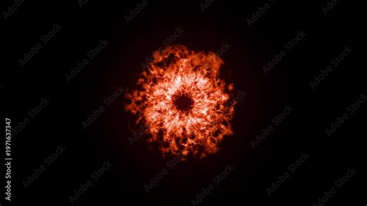 Powerful fire explosion from a central dark core, with realistic fiery rings and sparkling embers expanding rapidly, creating a dynamic visual effect for gaming intros and dramatic video openers. 4k