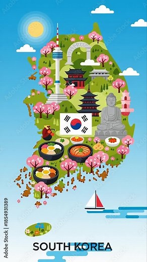 South Korea Travel Map With Landmarks Food And Culture Illustration