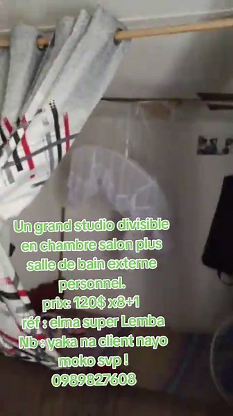 #Un grand studio divisible en chambre salon plus salle de bain externe personnel. prix: 120$ x8 1 réf : elma super Lemba Nb : yaka na client nayo moko svp ! #0989827608