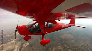 Gopro on the Airplane wing, Small Airplane Takes Off, privat airplane takeoff, red sports airplane, View from an aircraft wing, Flight on a private jet