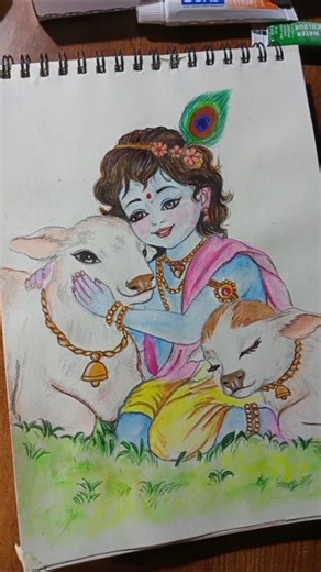 Lord Krishna Drawing with Two Baby Calves 😍|Colouring Tutorial Part-2 #shorts#art