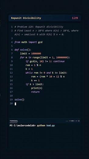 Project Euler #129: Repunit Divisibility | Python #coding #python #programming